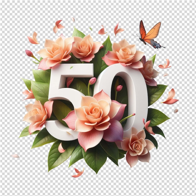 PSD een wit en roze nummer 50 is omringd door bloemen en vlinders