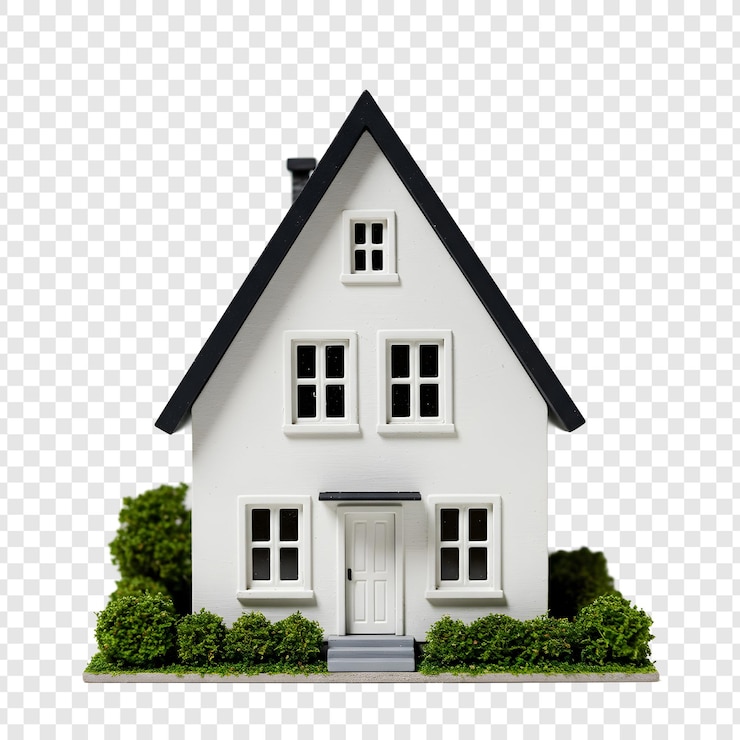PSD een wit modelhuis met een zwart dak en wat groene planten