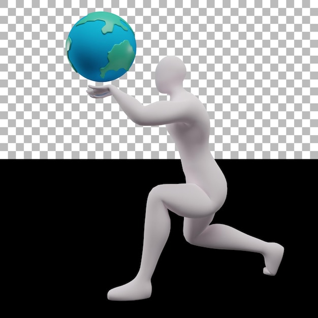 Een witte figuur die een wereldbol vasthoudt met het woord wereld erop.