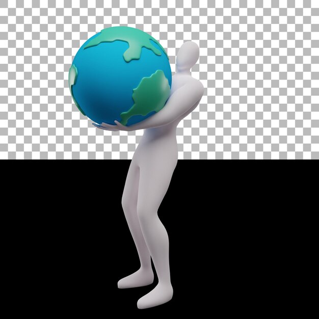 Een witte figuur die een wereldbol vasthoudt met het woord wereld erop.