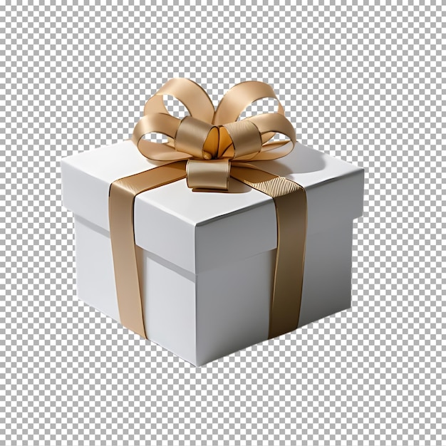 Een witte geschenkdoos met een gouden lint eromheen.