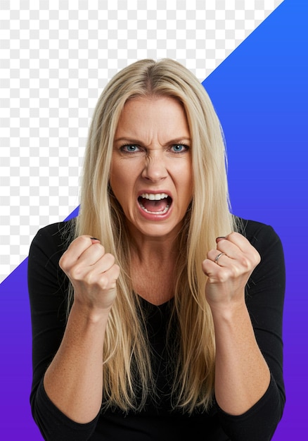 Een woedende vrouw die woede en frustratie uitdrukt met gebonden handen.