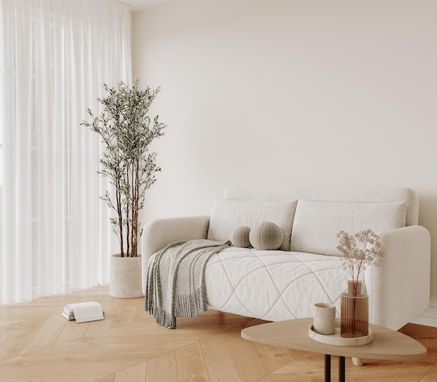 een woonkamer met een bank en een lamp op een tafel