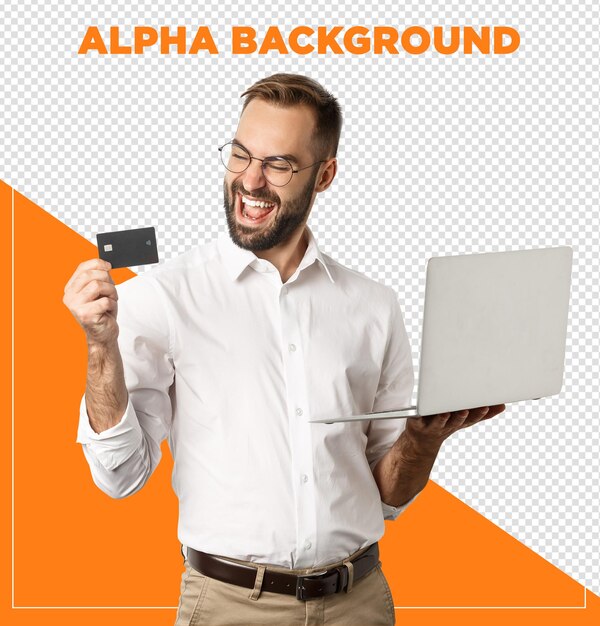 Een zakenman die een creditcard toont en online koopt met een notebook