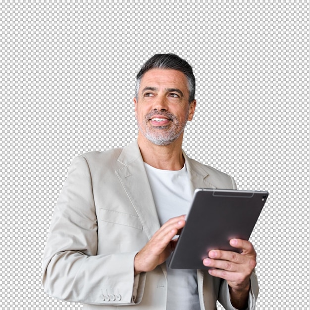 Een zakenman die een tablet gebruikt en bedachtzaam lijkt.
