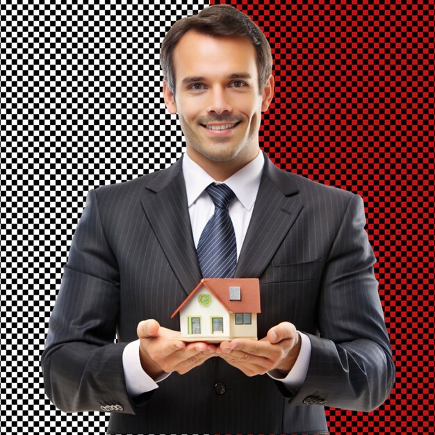 Een zakenman met een mini-huis op een transparante achtergrond