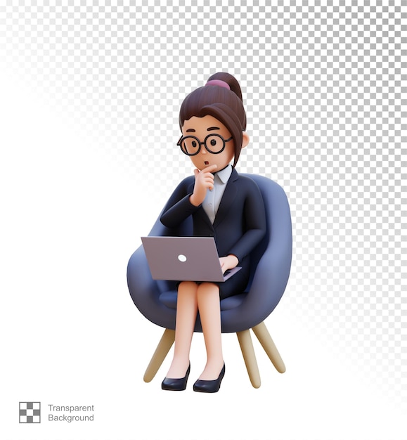 Een zakenvrouw die aan een laptop werkt en aan iets denkt.