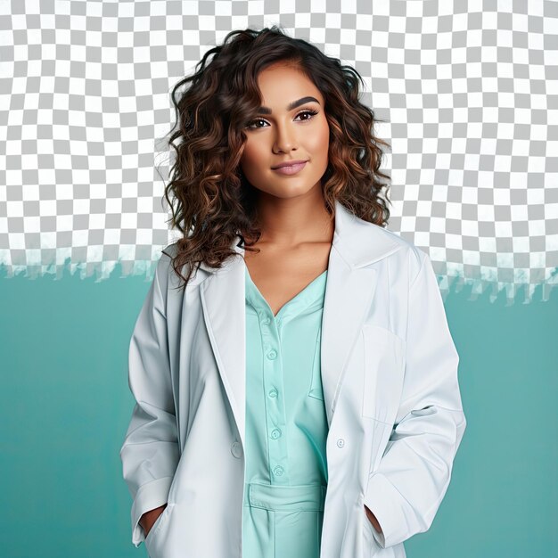 PSD een zelfverzekerde jonge volwassen vrouw met golvend haar van de pacific islander etniciteit gekleed in biotechnologist kleding poseert in een back arch met handen op de dijen stijl tegen een pastel teal rug