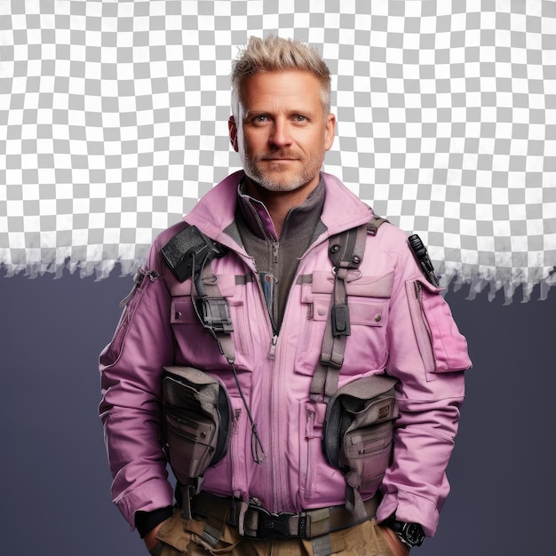 PSD een zelfverzekerde man van middelbare leeftijd met blond haar van de scandinavische etnische afkomst gekleed in een cameraman kleding poseert in een one hand on waist stijl tegen een pastel mauve achtergrond