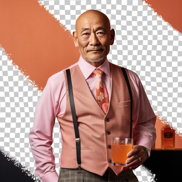 PSD een zelfverzekerde oudere man met kaal haar van de aziatische etniciteit gekleed in bartender kleding poseert in een leaning against a wall stijl tegen een pastel salmon achtergrond