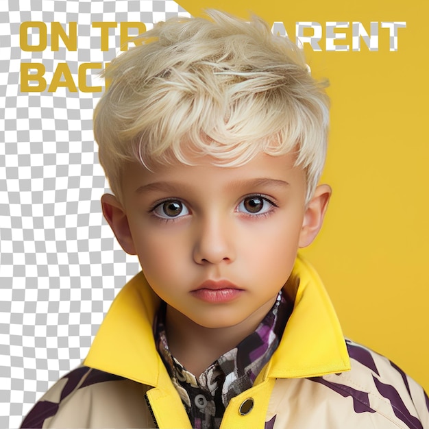 Een zelfverzekerde voorschoolse jongen met kort haar van de scandinavische etniciteit gekleed in een grafische ontwerperkleding poseert in een close up of eyes-stijl tegen een pastelgeel achtergrond