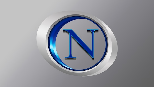 een zilveren en blauw logo met een n erop