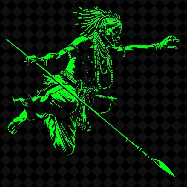 Een zwart en groen beeld van een krijger met een zwaard