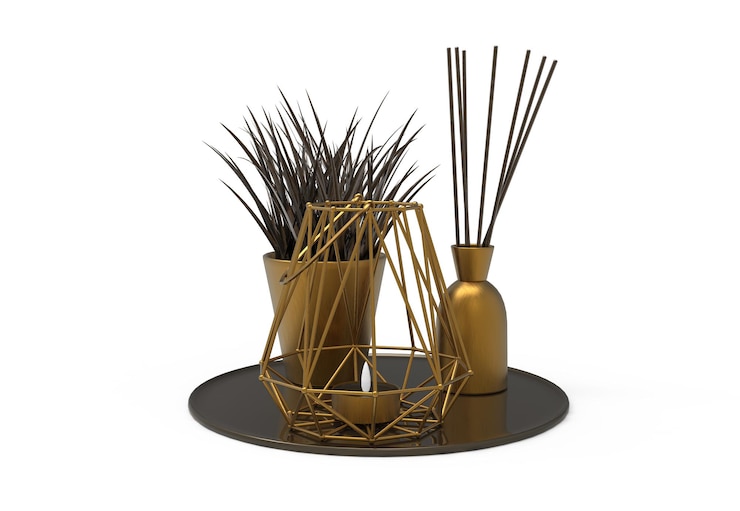 PSD een zwart met gouden vazen met een plant erin.