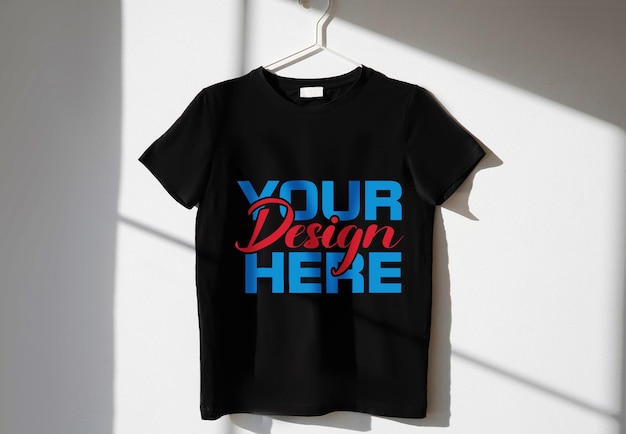 Een zwart shirt met de woorden "your design here" erop.