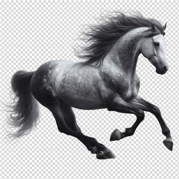 PSD een zwart-wit paard met een zwarte manen die door de lucht loopt