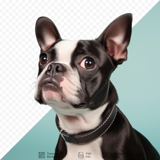 Een zwart-wit studioportret van boston terrier op een transparante achtergrond