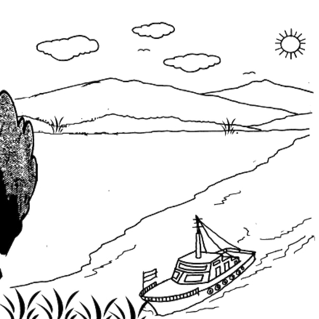 een zwart-witte tekening van een boot met een zon erop