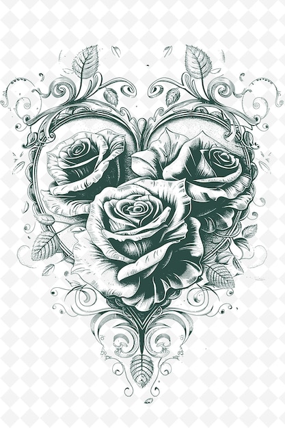 PSD een zwart-witte tekening van een hart met rozen en bladeren