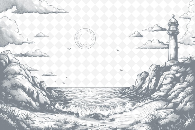 Een zwart-witte tekening van een planeet en de oceaan