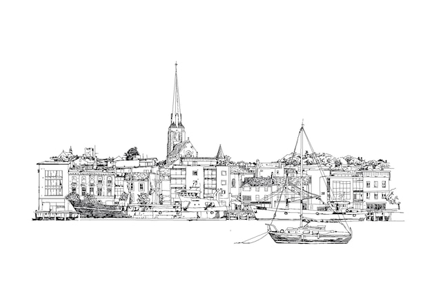 een zwart-witte tekening van een stad met een stad op de achtergrond