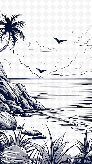 PSD een zwart-witte tekening van een strandscène met vogels die over de oceaan vliegen