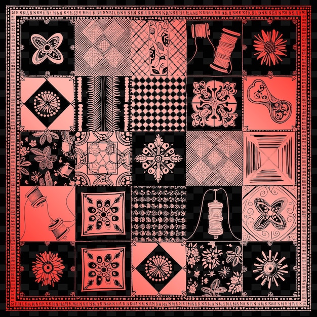 PSD een zwarte en rode foto van een quilt met een ontwerp erop