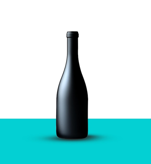 Een zwarte fles wijn staat op een blauwe tafel.