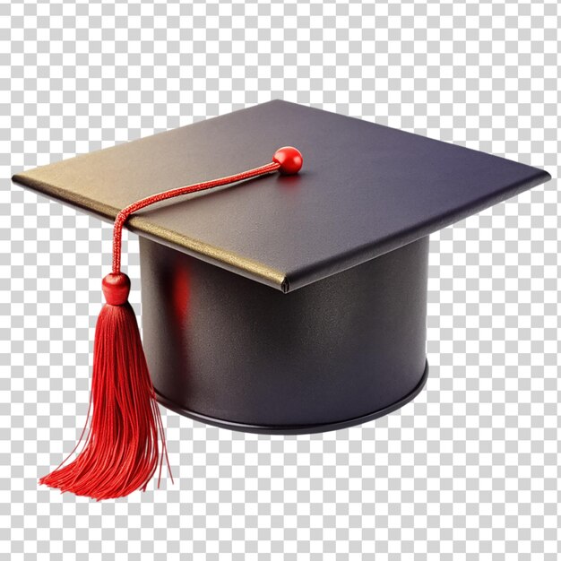 Een zwarte graduatie pet met een rode tassel geïsoleerd op een transparante achtergrond