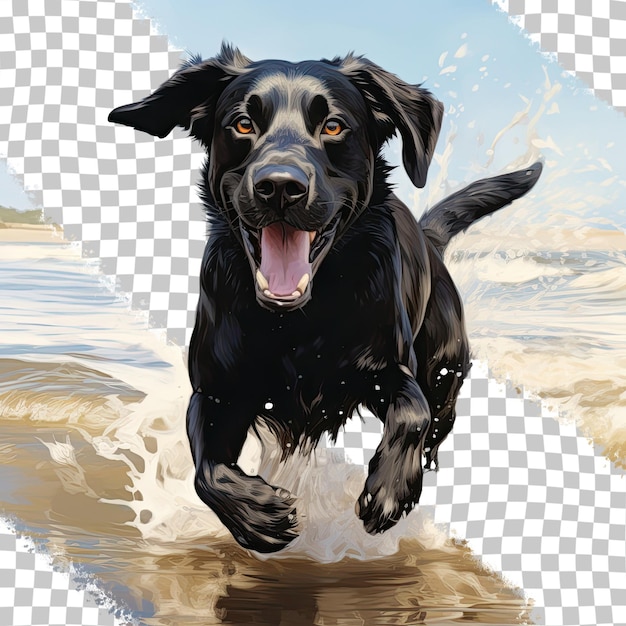 PSD een zwarte hond die in het water speelt op de transparante achtergrond van het strand