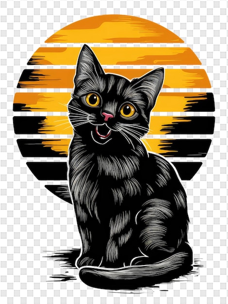 PSD een zwarte kat met gele ogen zit voor een zonneschot achtergrond