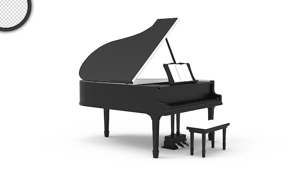 Een zwarte piano met een krukje ernaast.