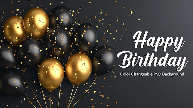 een zwarte verjaardags achtergrond met ballonnen en gouden glitter