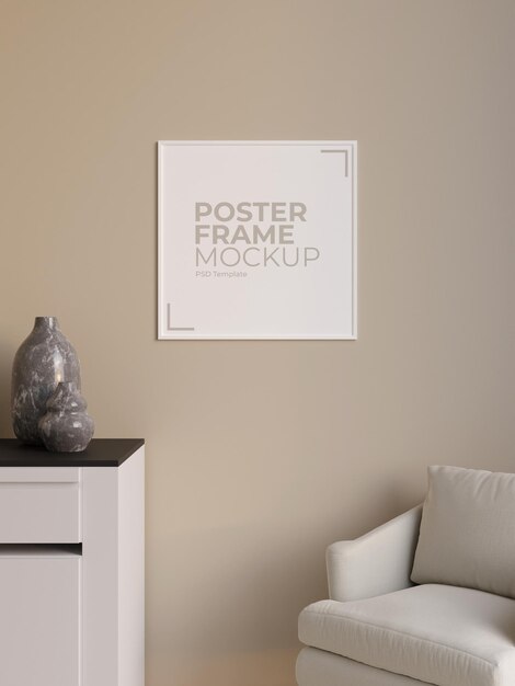 Eenvoudig en minimalistisch vierkant wit poster- of fotolijstmodel aan de muur in de woonkamer 3d-rendering