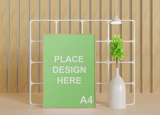 PSD eenvoudig minimalistisch houten frame mockup met plantenvaas