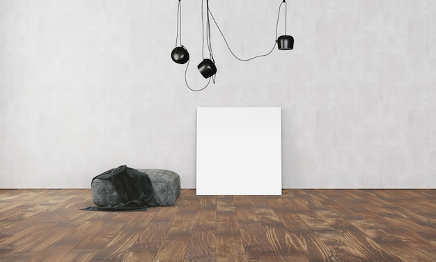 Eenvoudig modern interieur met box sofa lamp en lege poster