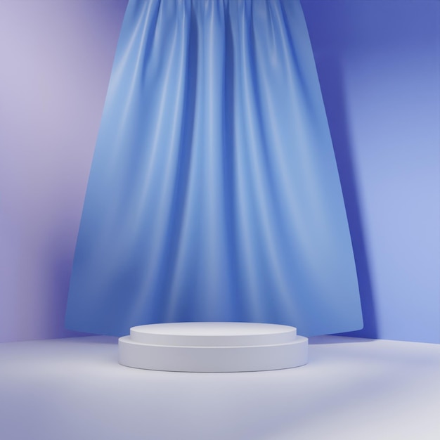 Eenvoudige 3D render wit podium met blauwe gordijnachtergrond
