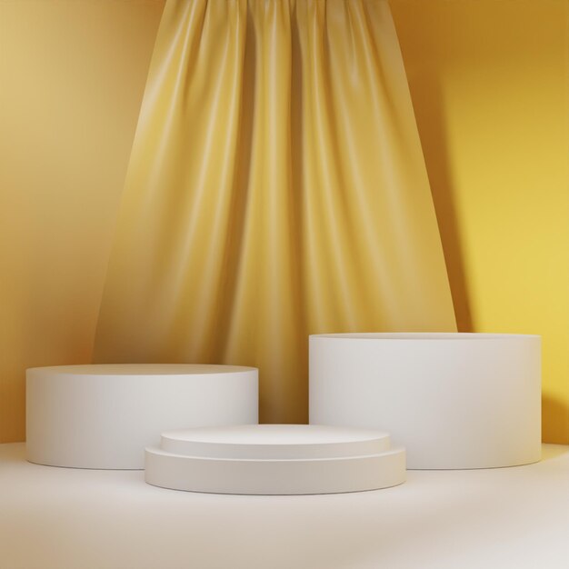 Eenvoudige 3d render wit podium met gele gordijnachtergrond