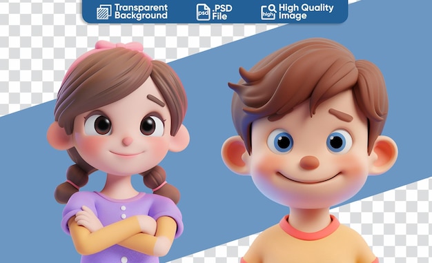 Eenvoudige cartoon van kleine jongen en meisje 3d-rendering van personages illustratie close up portret