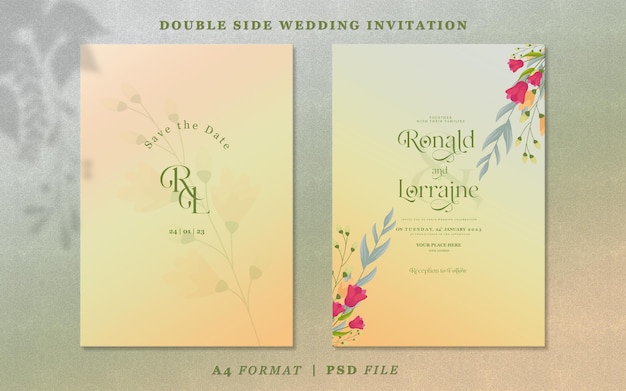Eenvoudige huwelijksuitnodiging met bloemen en bladeren op roze achtergrond met kleurovergang