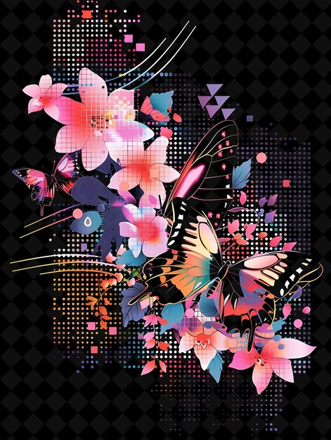 PSD eenvoudige tuin 16-bit pixel met bloemen en vlinders en y2k shape neon color art collections