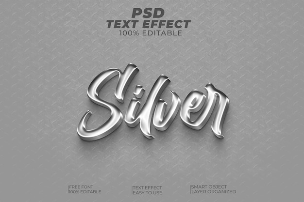 Efekt stylu tekstu PSD Silver 3d