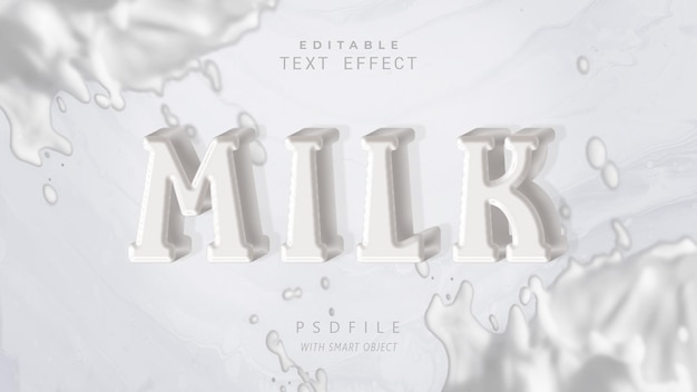 PSD efekt tekstu mleka z rozpryskiem na białym tle
