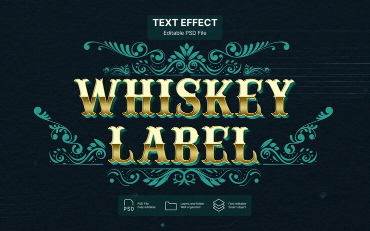 PSD efekt tekstu na etykiecie whisky