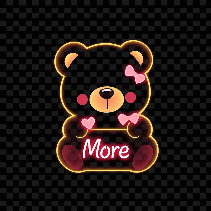 PSD efekt więcej tekstu w miękkim pastelowym neonowym przycisku zaprojektowanym jako kawaii teddy bear z świecącymi krawędziami de
