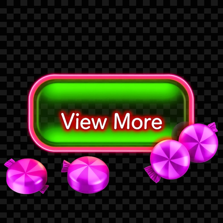 PSD effect view more text in glossy neon style the button shines like candy and is decorated with gumd