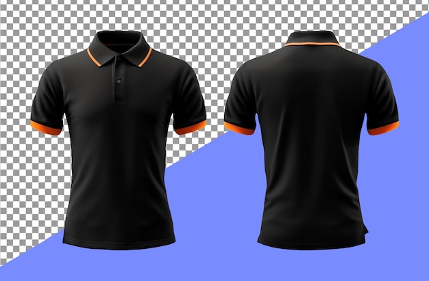 Effen zwart poloshirt design met oranje kraag met voor- en achteraanzicht