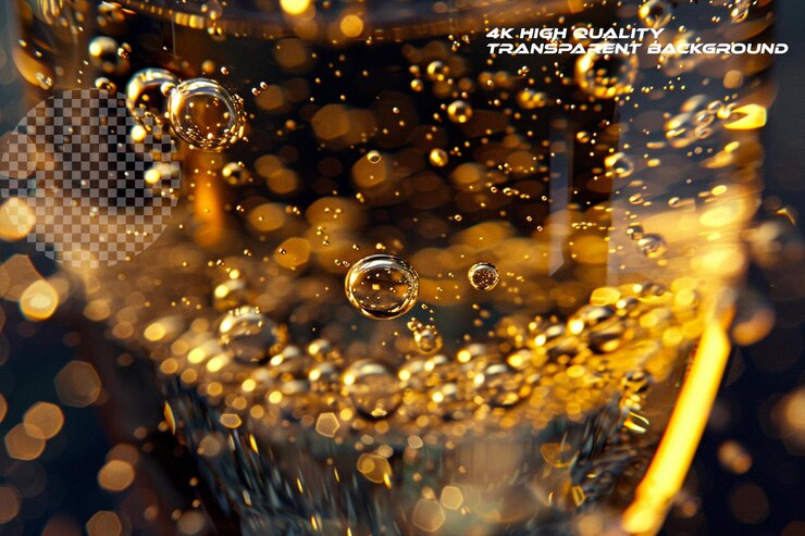 PSD effervescent sparkle of bubbles rising in a glass on transparent background