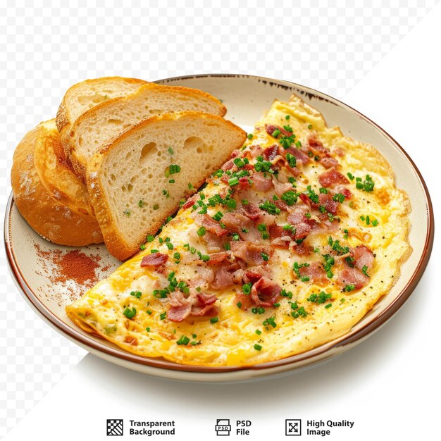 Egg omelet with meat and cheese served on a plate with bread