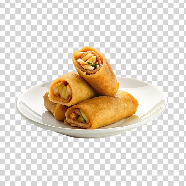 Egg rolls on white plate isolated on transparent background